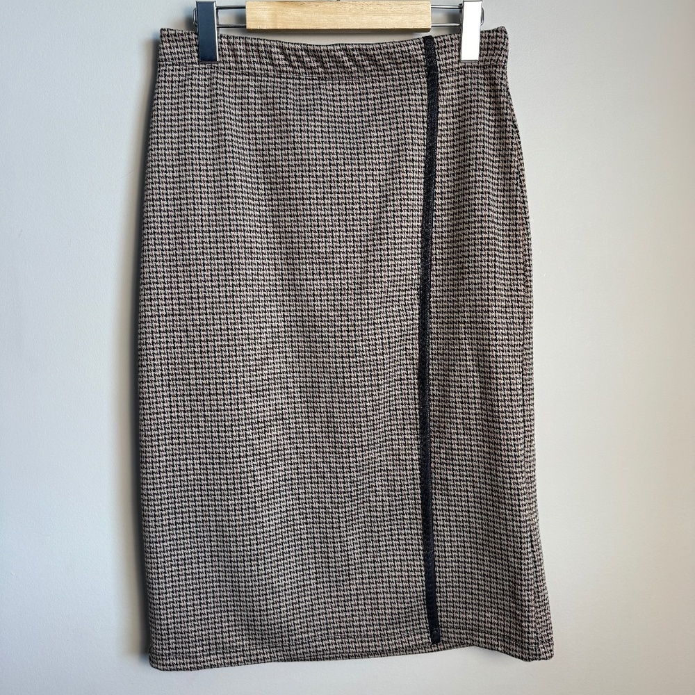 Max Studio Women's Small Pull-On Straight Skirt Faux Wrap Houndstooth Beige/Tan
